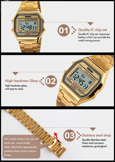 VIGOROSO Men Lady Vintage Retro Gold Stainless Steel Digital Casual Watch Alarm Stopwatch(Gold)...