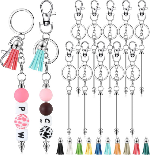 Huquary 20 Pcs Beadable Keychain Bar Set Including 10 Silver Alloy Blank Keychain 10 Leather Tassel Bulk, Keychain Making Supplies Pendant DIY Bea...
