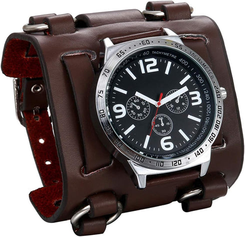 JewelryWe Black Brown Hip-hop Gothic Punk Style Men Watch Wide Leather Fashion Cuff Wristwatch for Halloween...