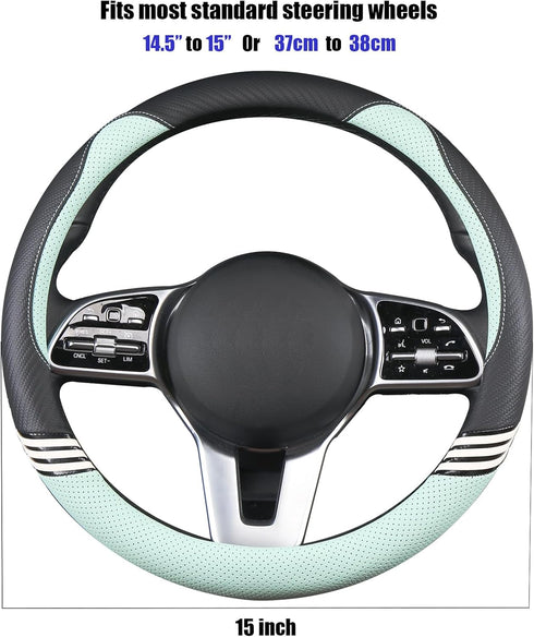 Cute Steering Wheel Cover for Girls Women Leather Universal 15 inch, Black and Green...