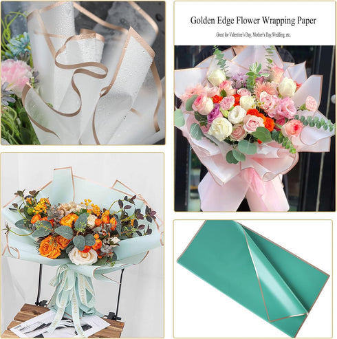 20 Sheet Gold Edge Flower Wrapping Paper, White Florist Bouquet DIY Craft Fresh Flower Bouquet Wrap Waterproof Floral Wrapping Gift Box Packaging ...