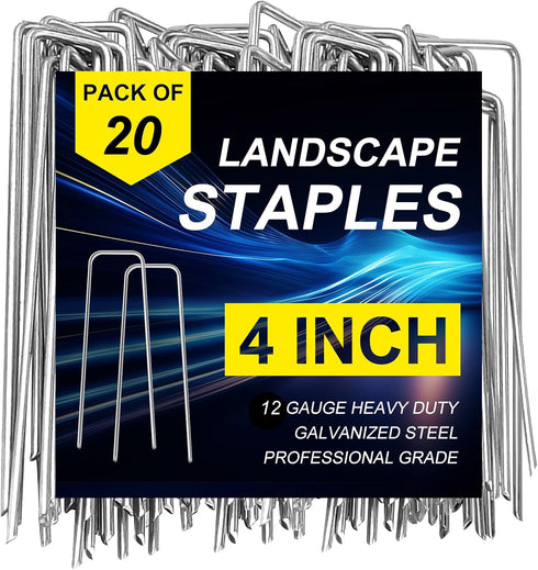 20 Pcs Landscape Staples, 4 Inch Garden Stakes Galvanized Garden Staples Pins, Anti-Rust Ground Stakes for Weed Barrier, Irrigation Tubing, Yard L...