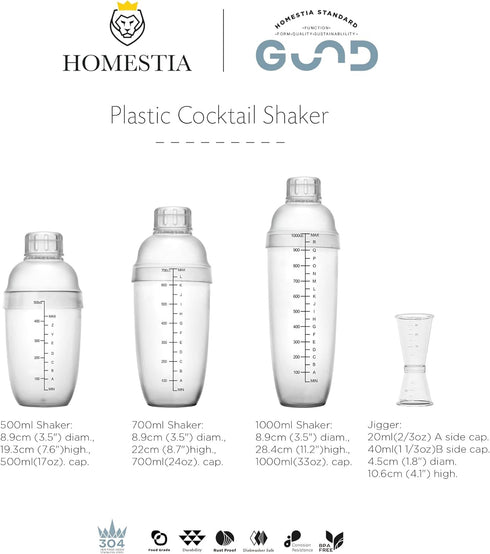 Homestia 2Pcs Plastic Cocktail Shaker Set, Hand Shaker Cup Mixer with Tea Shaker Cup with Scales, Transparent Bar Tool Sets with Measuring Jigger ...