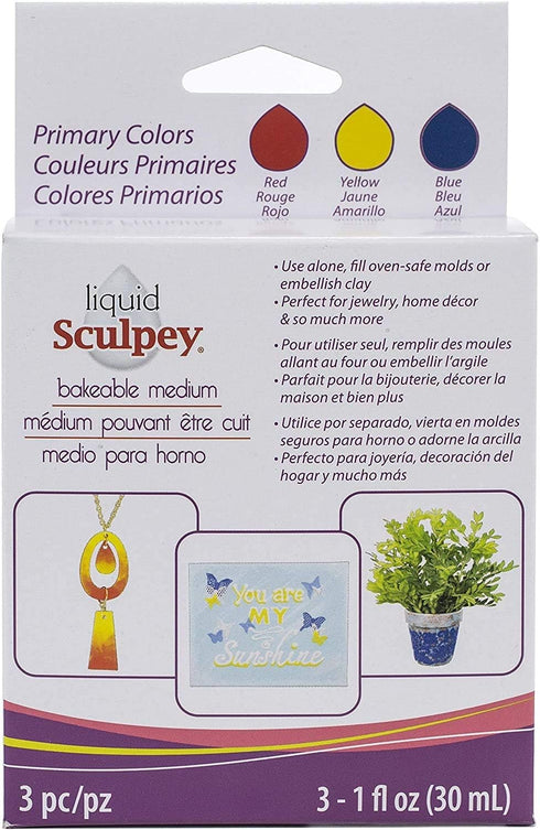 Liquid Sculpey Liquid Polymer Oven-Bake Clay, Primary Sampler Pack, Three 1 oz. bottles included, Red, Blue and Yellow, Great for jewelry, holiday...