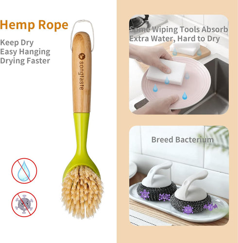 2 Pack Kitchen Dish Brush Bamboo Handle Dish Scrubber Built-in Scraper, Scrub Brush for Pans, Pots, Kitchen Sink Cleaning, Dishwashing and Cleanin...