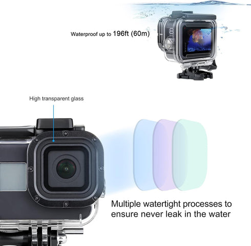 SOONSUN Waterproof Housing Case for GoPro HERO 8 Black with 4-Pack Diving Filter - 60M Underwater Diving Housing Built-in Dual Cold Shoe Slots wit...