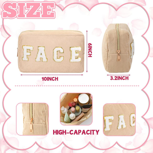 Pinkunn 4 Pcs Preppy Makeup Bag Cute Chenille Cosmetic Bags Face Eyes Lips Hair Corduroy Letter Patch Skin Zipper Patch Bags Travel Zipper Pouch M...