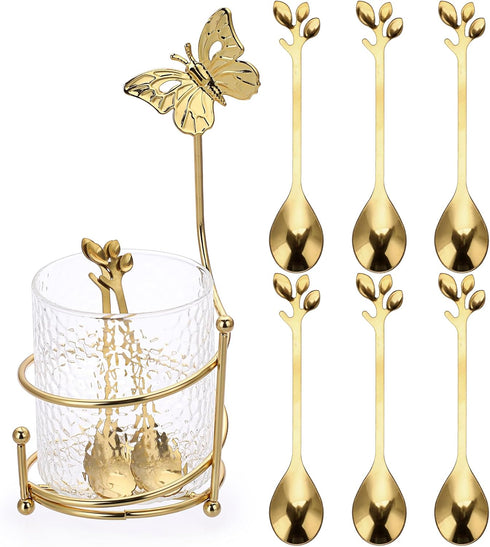 ELLDOO Coffee Spoon Set, Clear Glass Holder with 8 Stainless Steel Gold Leaf Coffee Spoons, Creative Flatware Set for Stirring, Mixing, Sugar, Ice...