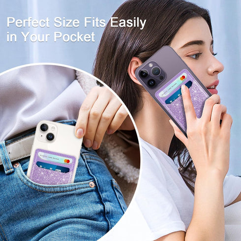 Self Adhesive Card Holders for Back of Phone, Leather RFID Phone Wallet Pockets Stick On, Credit Card Holders Sleeve for Phone Case, Glitter Purpl...