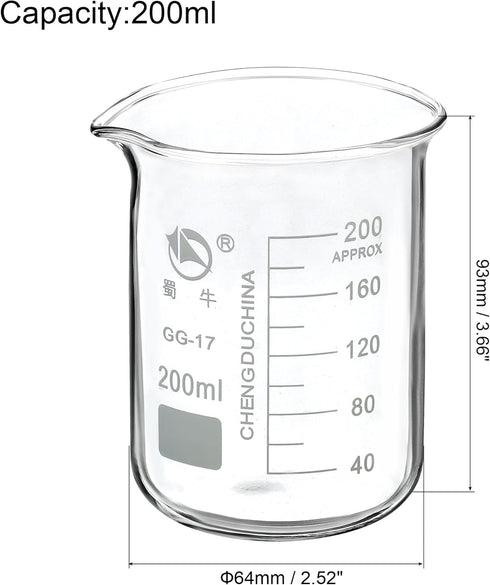 PATIKIL 200ml Low Form Glass Beaker, 2 Pack 3.3 Borosilicate Glass Graduated Printed Scale Measuring Cups with Spout for Kitchen Lab Liquids Trans...