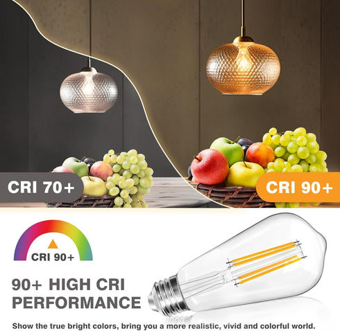 Dimmable Edison Light Bulbs 60 Watt Equivalent, 6W 800LM E26 Vintage LED Light Bulb, 2700K Soft Warm White, ST58 Antique LED Filament Bulbs for Be...