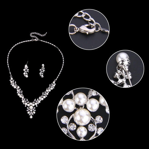 EVER FAITH Women's Crystal Simulated Pearl Leaf Vine Necklace Earrings Set Clear Silver-Tone...