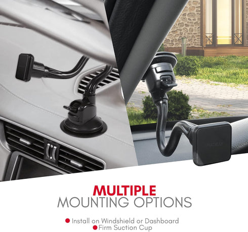 Macally Windshield Phone Mount for Car Magnetic - Suction Cup Window Mount Phone Holder with 8" Long Gooseneck Arm & Super Strong Magnet Mount for...