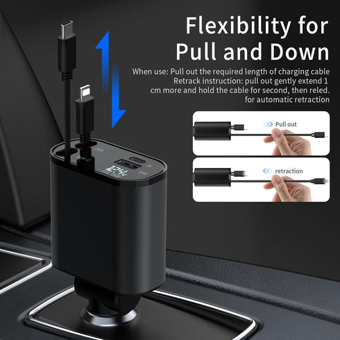 Retractable Car Charger, 4 in 1 Fast Charging Car Charger 60W, Retractable Cable and 2 USB Ports Car Charger Adapter Compatible with iPhone 15 14 ...