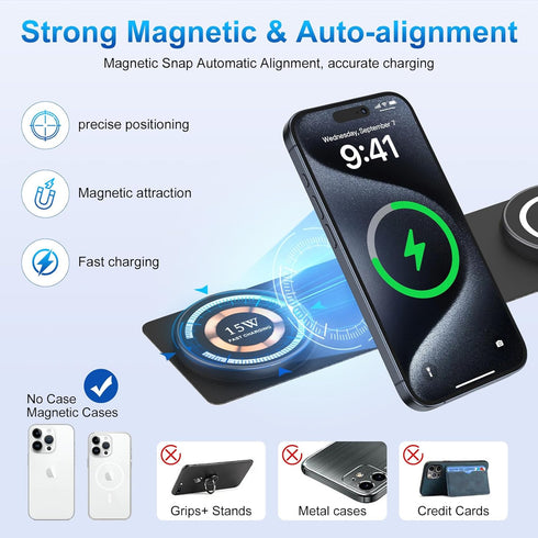 Magnetic Wireless Charger for iPhone,Foldable 3 in 1 Charging Station,Mag-Safe Travel Wireless Charger for iPhone 15 14 13 12 Pro/Pro Max/Plus,iWa...