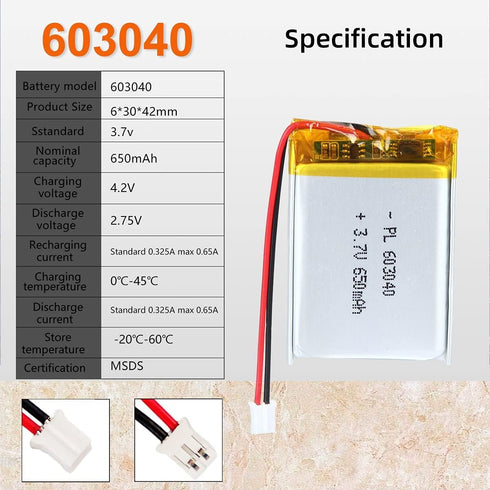 3.7V 650mAh 603040 Lipo battery Rechargeable Lithium Polymer ion Battery Pack with PH2.0mm JST Connector...