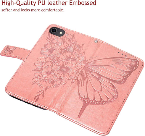 for iPhone SE 2022/SE 2020 Case,for iPhone 6/6S/7/8 Wallet Case,Butterfly Floral Embossed,Wrist Strap,Card Holder Slots,Stand Leather Protective F...