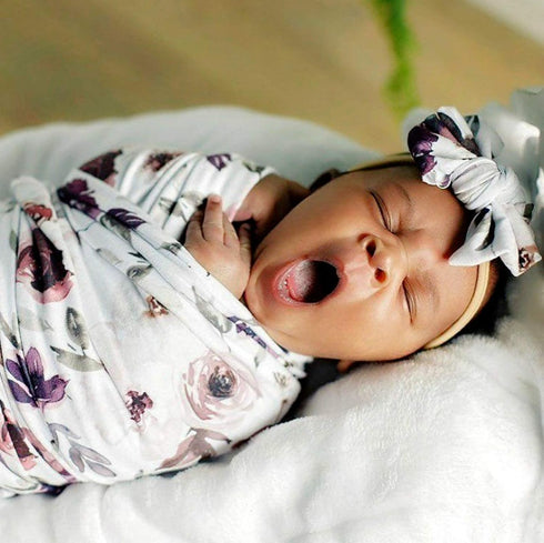 Baby Swaddle Blanket Newborn Girl Swaddle and Headband Set Purple Flowers Floral Print Wrap Shower Gift...