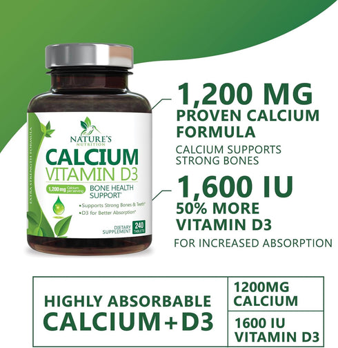 Calcium 1200 mg Plus Vitamin D3, Bone Health & Immune Support - Nature's Calcium Supplement with Extra Strength Vitamin D for Extra Strength Carbo...