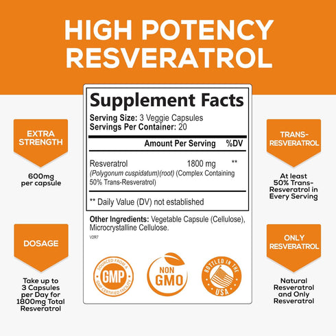 Resveratrol 1800mg Per Serving - Potent Antioxidants for Immune Support - Extra Strength Trans-Resveratrol Supplement Supports Healthy Aging & Hea...
