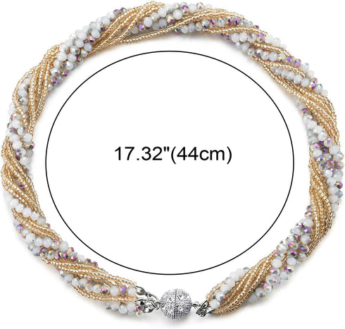 COOLSTEELANDBEYOND Champagne Gold Rainbow Beads Necklace Multi-Layer Crystal Braided Chain Choker Collar Magnetic Clasp...