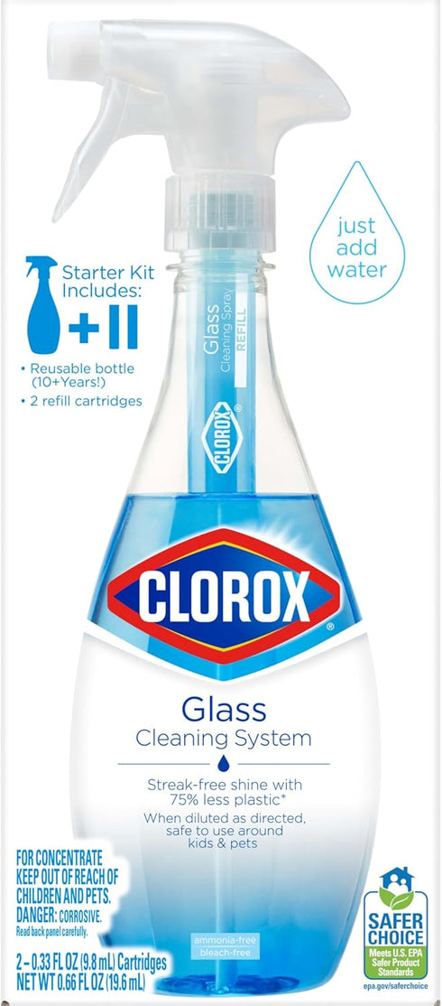 Clorox Glass Cleaner Cleaning System with one Reusable Bottle Plus 2 Refill Cartridges, Household Essentials, 3 Piece Set...