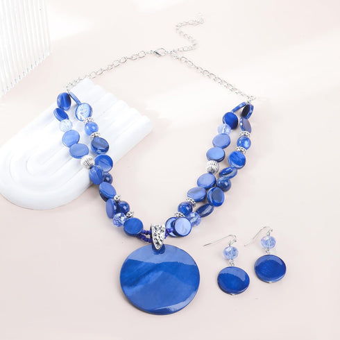 Layered Beads Statement Fashion Necklace Chunky Jewelry Set Big Colorful Glass Stone Circle Shell Pendant Choker Necklace and Earring Set for Wome...