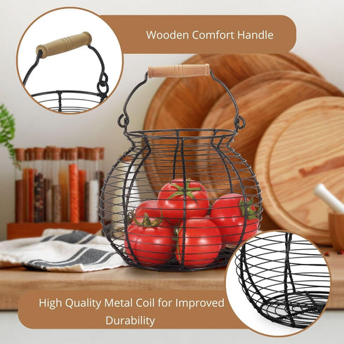 Flexzion Chicken Egg Basket Wire Egg Holder with Wooden Handles for Egg, Fruits, Vegetables Storage, Display Metal Mesh, Basket Holder Countertop ...
