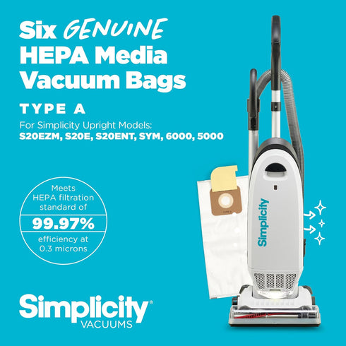 Simplicity Vacuums SAH-6 Certified Hepa Vacuum Replacement Bags, Fits with S20EZM Allergy Upright Vacuum Cleaner, Symmetry and 6 Series, Type A Ba...