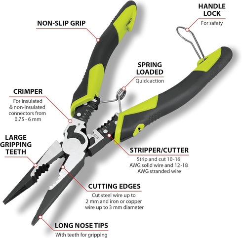 Performance Tool W86507 8-1/2" Multifunction Long Nose Pliers...