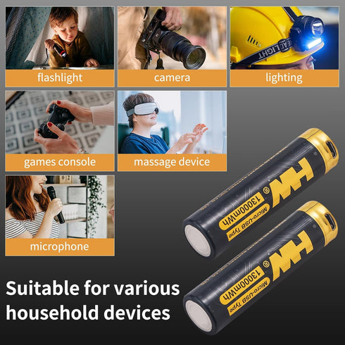 HW 3.7V USB Rechargeable Lithium Batteries, Reliable True 3500 mAh (13000mWh) 18m Long-Lasting High Performance Battery, for Flashlights, Headlamp...