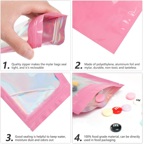 Funfery 100 pcs Pink Holographic Mylar Packaging Bags, Clear Sealing Resealable Smell Proof Bag Foil Pouch Zipper Bag for Food Storage,Lipgloss,Je...