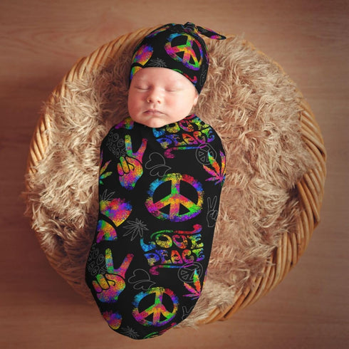 Rainbow Peace Love Sign Gesture Newborn Swaddle Blankets Hat Sets Soft Baby Receiving Blanket Swaddle Sack for Baby Shower Infant Boy Girl Gift...