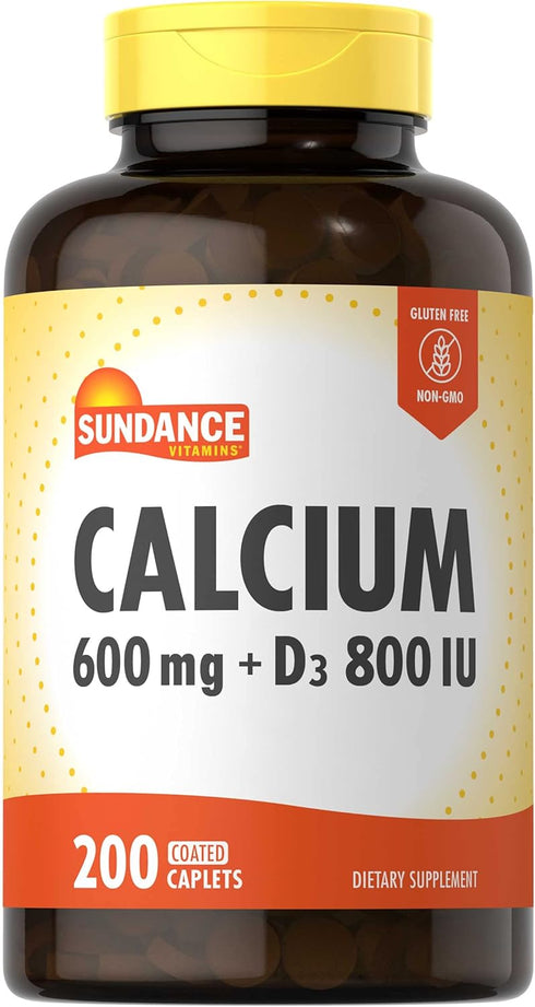 Sundance Calcium with Vitamin D3 | 600mg | 200 Caplets | Vegetarian, Non-GMO, and Gluten Free Supplement...