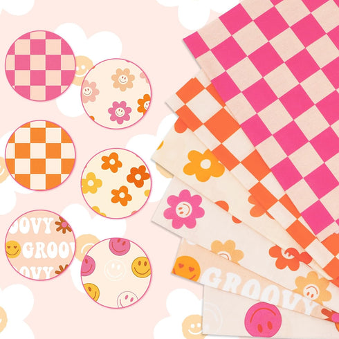 Whaline 6Pcs Retro Groovy Cotton Fabric Bundles 18 x 22 Inch Pink Orange Checkered Flower Fat Quarters Groovy Hippie Quilting Patchwork Squares Se...