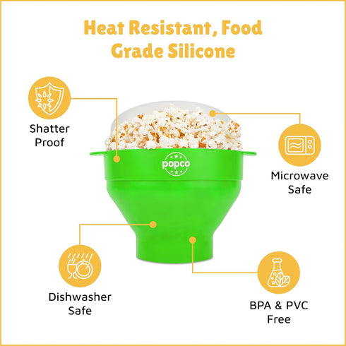 The POPCO Silicone Popcorn Popper - Collapsible Microwave Popcorn Maker - Air Popper Pop Corn Bowl with Handles and Lid - Dishwasher Safe - Large ...