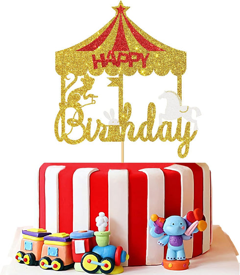 Glitter Circus Happy Birthday Cake Topper - Tent Carnival Themed Cake Decor - Amusement Park Circus Theme Party Supplies Gold...