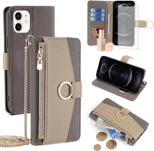 Asuwish Phone Case for iPhone 12 Pro iPhone12 6.1 Wallet Cover with Screen Protector and Mirror Flip Cover Ring Card Holder Crossbody Strap Stand ...