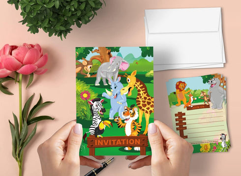 Leigha Marina Jungle Animals Party Invitation Cards for Kids, 20 Invites & 20 Envelopes - Fill in the Blank Greeting Notes - Multi-Use, Birthday, ...