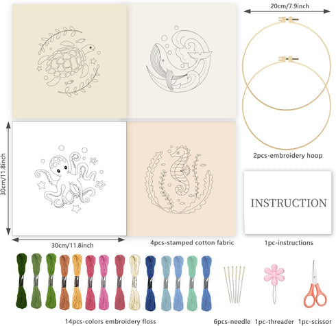 INFUNLY 4 Sets Embroidery Kit for Beginners with Sea Animals Pattern DIY Embroidery Kit for Adults Ocean Embroidery Art Kit Turtles/Seahorses/Octo...