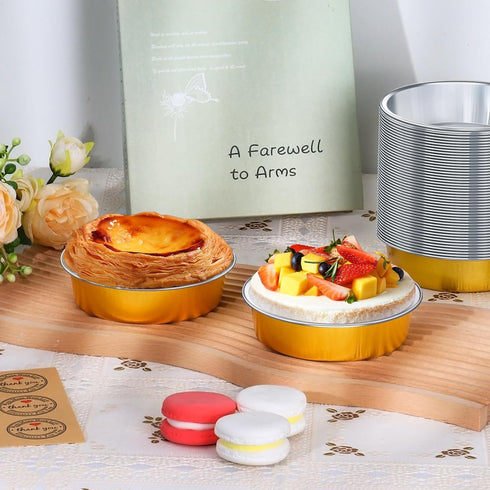 50 Pcs Muffin Pans With Lids, 4 Inch Disposable Cupcake Pans, 8oz Golden Aluminum Pie Pans, Round Oven Mini Cake Pan with Spoons Suit for Tart Pie...