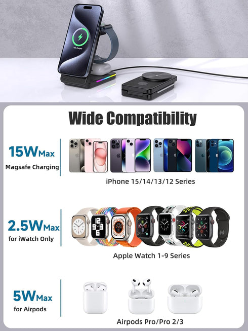 Wireless Charging Station for Apple Mag-Safe Charger, 3 in 1 Mag-Safe Charger Stand for iPhone 15 Pro Max/14/13/12, Foldable Mag-Safe Nightstand C...