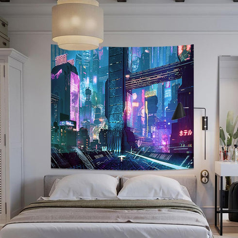 Honcet Anime Punk Neon Cityscape Wall Tapestry for Bedroom, Japanese Punk Street Cityscape Room Decor Tapestries, Futuristic Neon Skyscraper Tapes...