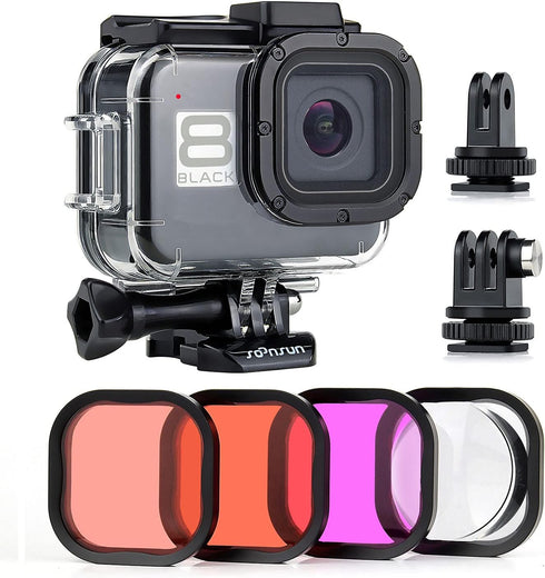 SOONSUN Waterproof Housing Case for GoPro HERO 8 Black with 4-Pack Diving Filter - 60M Underwater Diving Housing Built-in Dual Cold Shoe Slots wit...