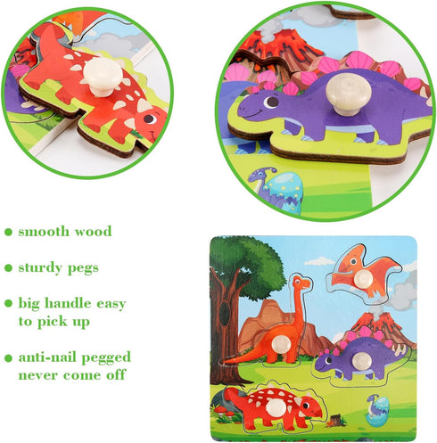 Wooden Peg Puzzles for Toddlers 1-3, Kids Educational Preschool Peg Puzzle Toy Ages 2-4, Set of 4 Dinosaur Toddler Puzzles, Ideal Gift for Ages 1 ...
