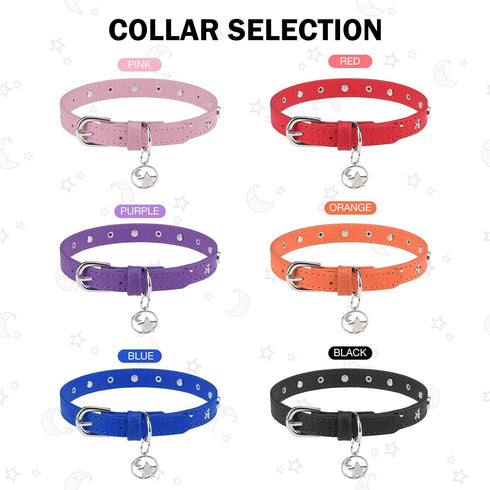 Leather Dog Collar for Puppy Small Medium Dogs, Adjustable Star and Moon Studded Pet Collars with Rust-Proof Metal Buckle and Charms, XS S Dog Col...