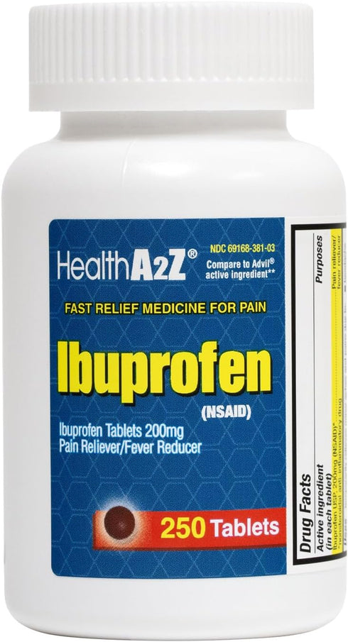 HealthA2Z® Ibuprofen 200mg | Pain Relief | Body Aches | Headache | Arthritis | Cramps | Back Pain | Fever Reducer… (250 Count)...