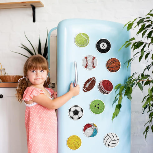 Whaline 12Pcs Sports Ball Diamond Drawing Refrigerator Magnets DIY Cute Balls Rhinestone Painting Full Drill Painting Magnetic Stickers Diamond Ar...