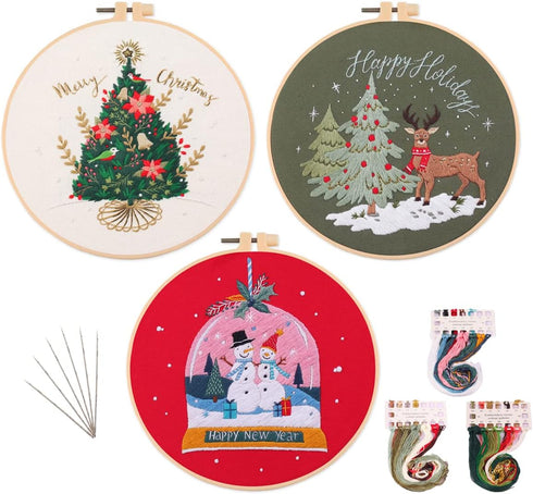 MeruniSkyBirds 3 Sets Embroidery Starter Kit with Christmas Pattern,Cross Stitch Set for Beginners, Full Range of Stamped Embroidery Kits with 3 E...