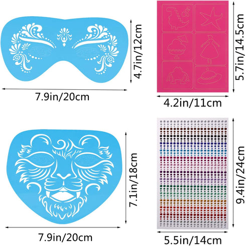 22 Pcs Face Paint Stencils Kit - 17 Reusable Face Painting Stencils with 4 Stickers and 900 Body Gems, Bat & Butterfly Designs for Halloween Parti...